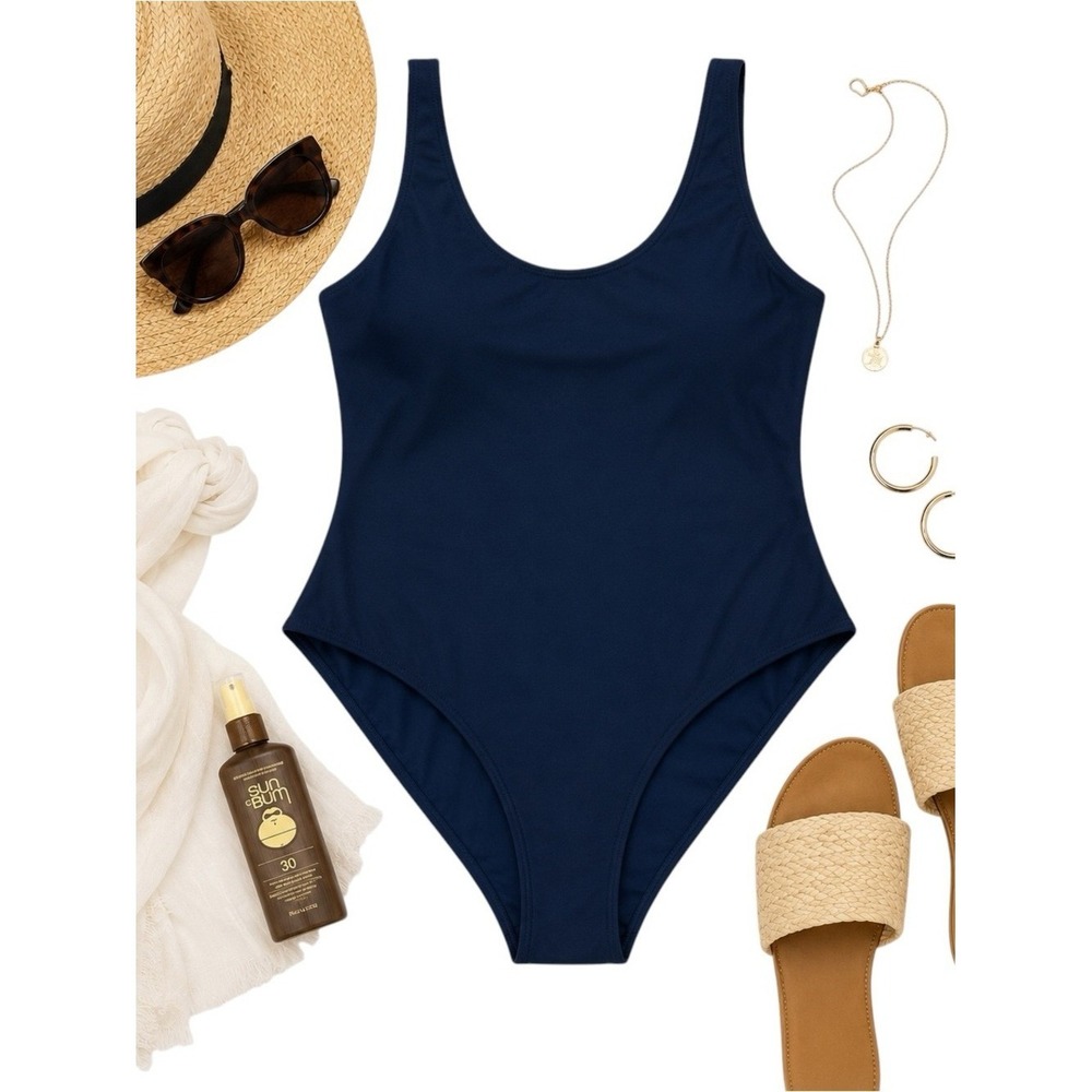 Kittenish Navy Blue Scoop Neck One Piece Swimsuit Large Minimalist Swimwear EUC